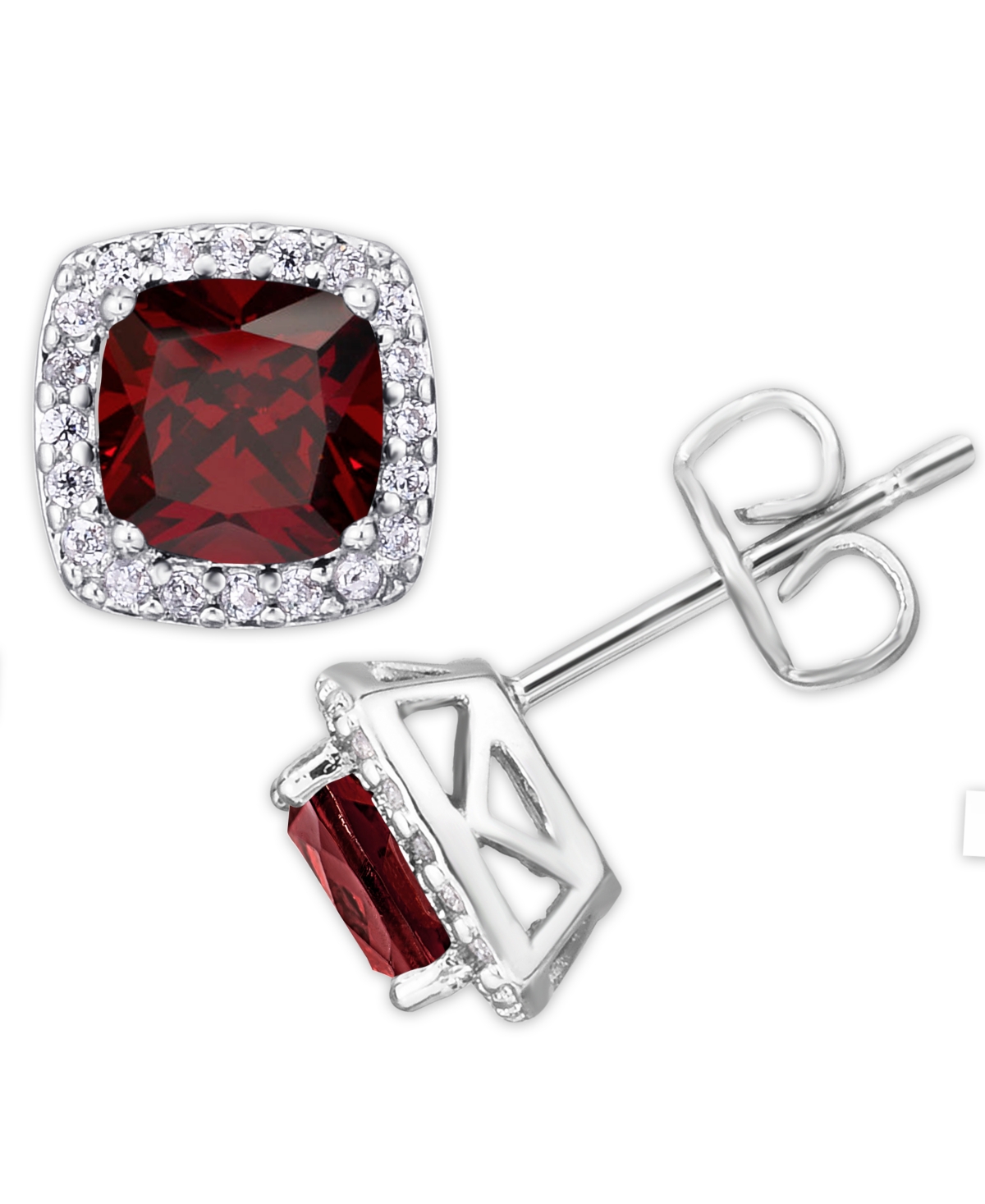 Macy's Birthstone Cushion Halo Solitaire Stud Earrings In Silver Plate In January,simulated Garnet