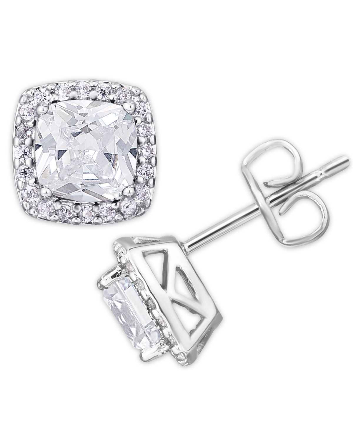 Macy's Birthstone Cushion Halo Solitaire Stud Earrings In Silver Plate In April,clear