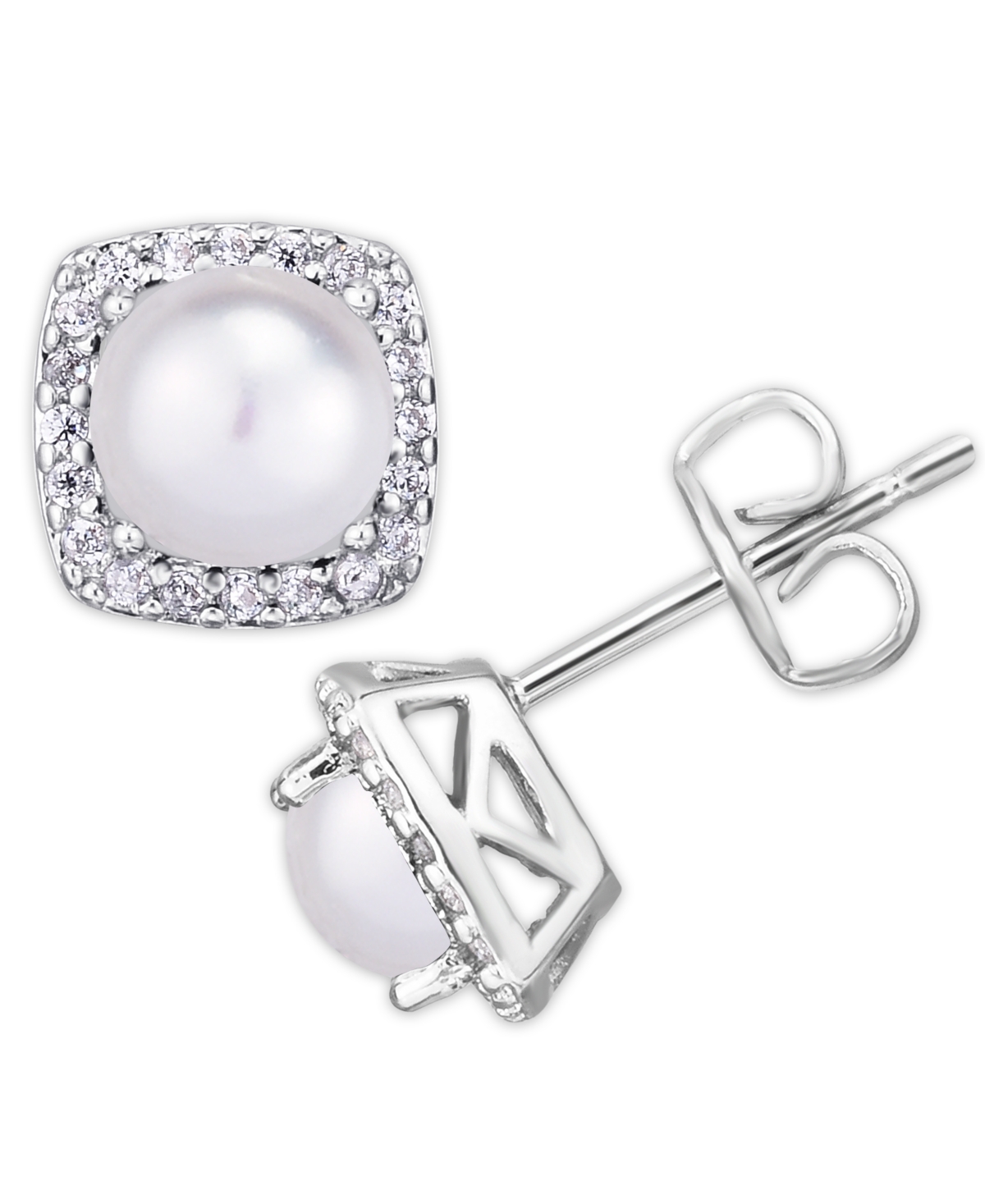 Macy's Birthstone Cushion Halo Solitaire Stud Earrings In Silver Plate In June,imitation Pearl