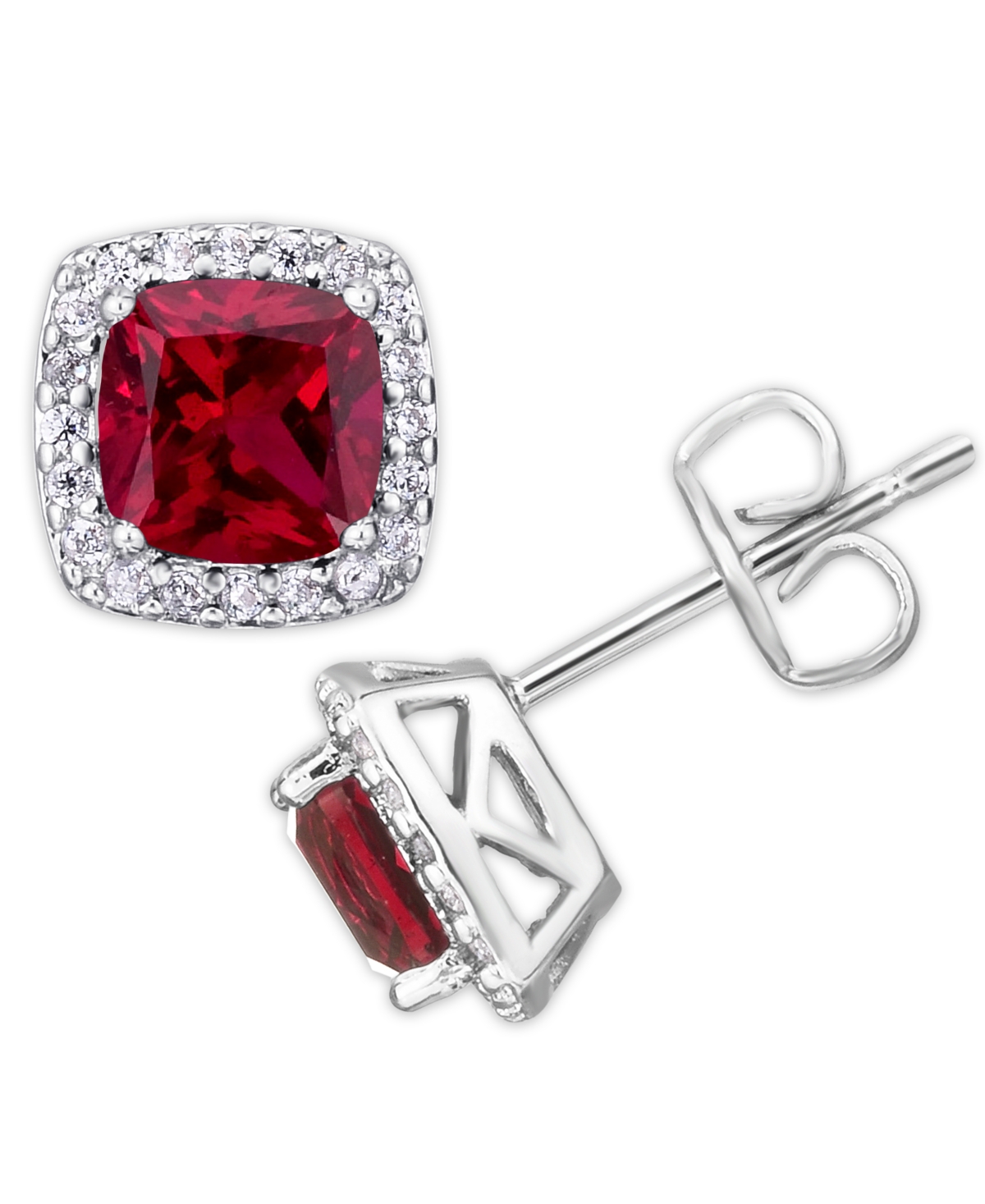 Macy's Birthstone Cushion Halo Solitaire Stud Earrings In Silver Plate In July,simulated Ruby