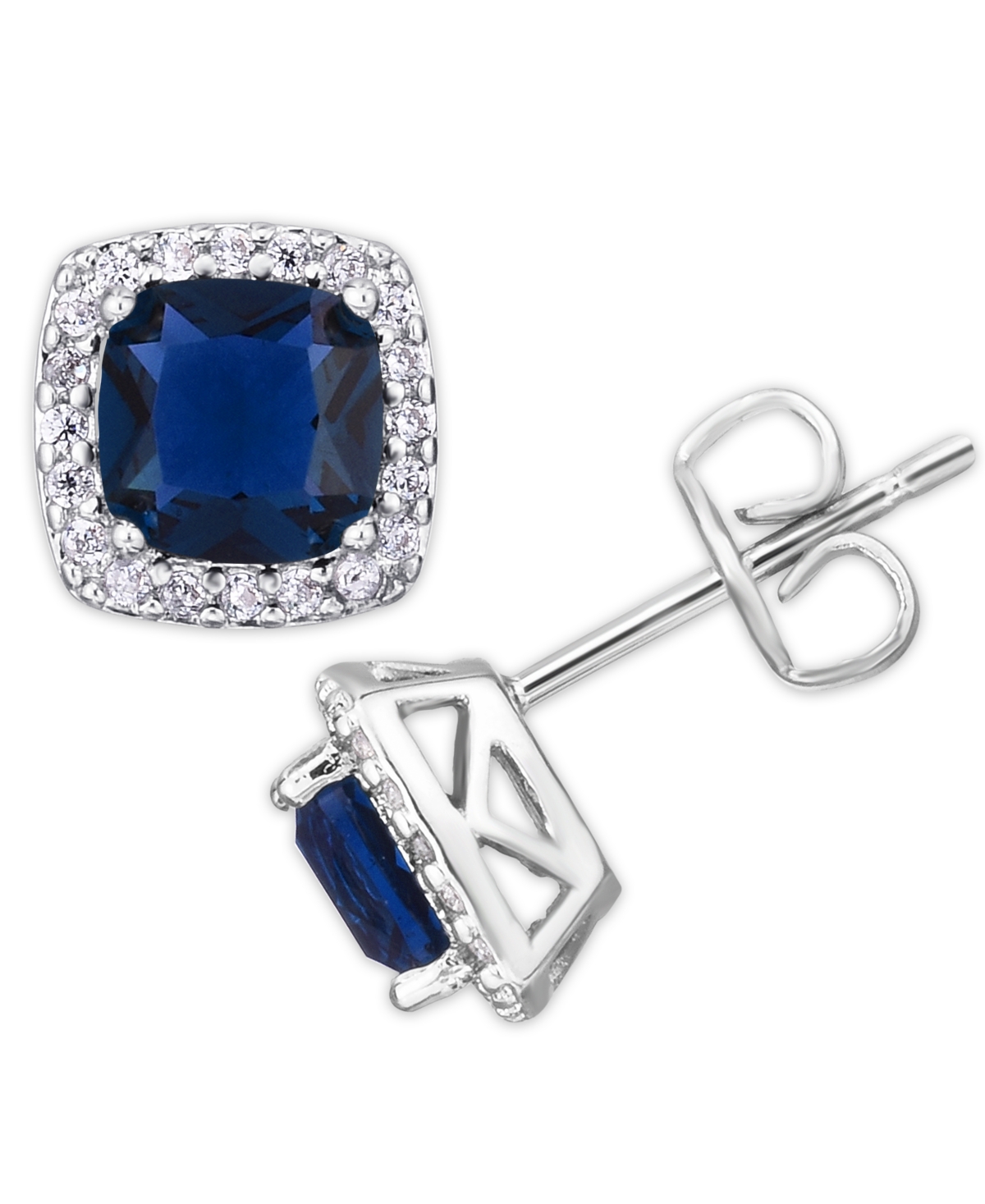 Macy's Birthstone Cushion Halo Solitaire Stud Earrings In Silver Plate In September,simulated Sapphire