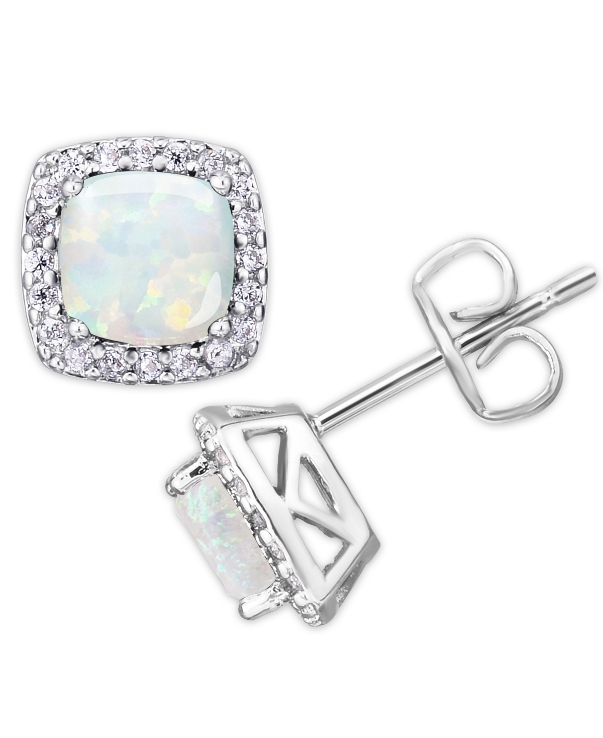 Macy's Birthstone Cushion Halo Solitaire Stud Earrings In Silver Plate In October,simulated Opal