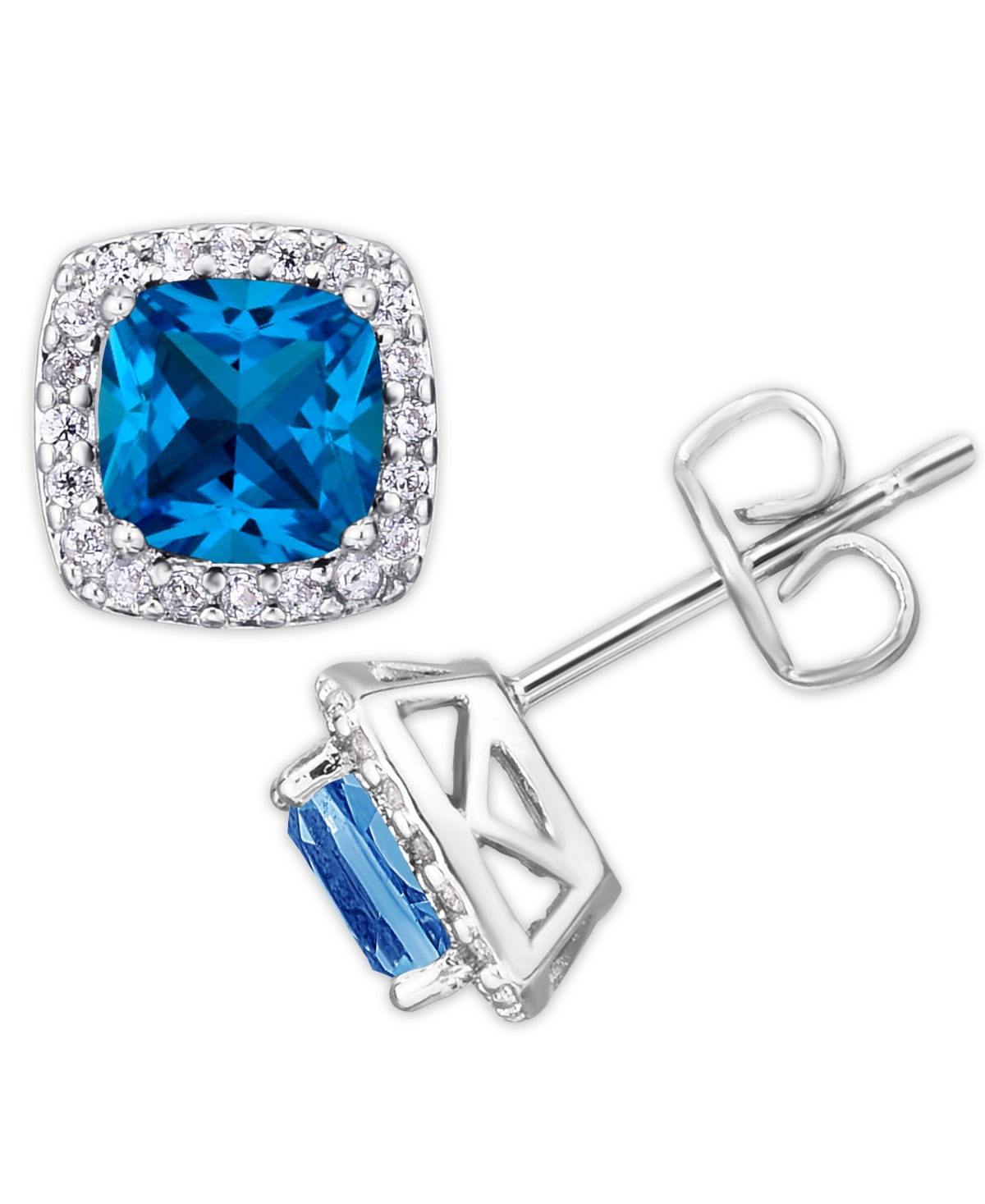 Macy's Birthstone Cushion Halo Solitaire Stud Earrings In Silver Plate In December,simulated Blue Topaz