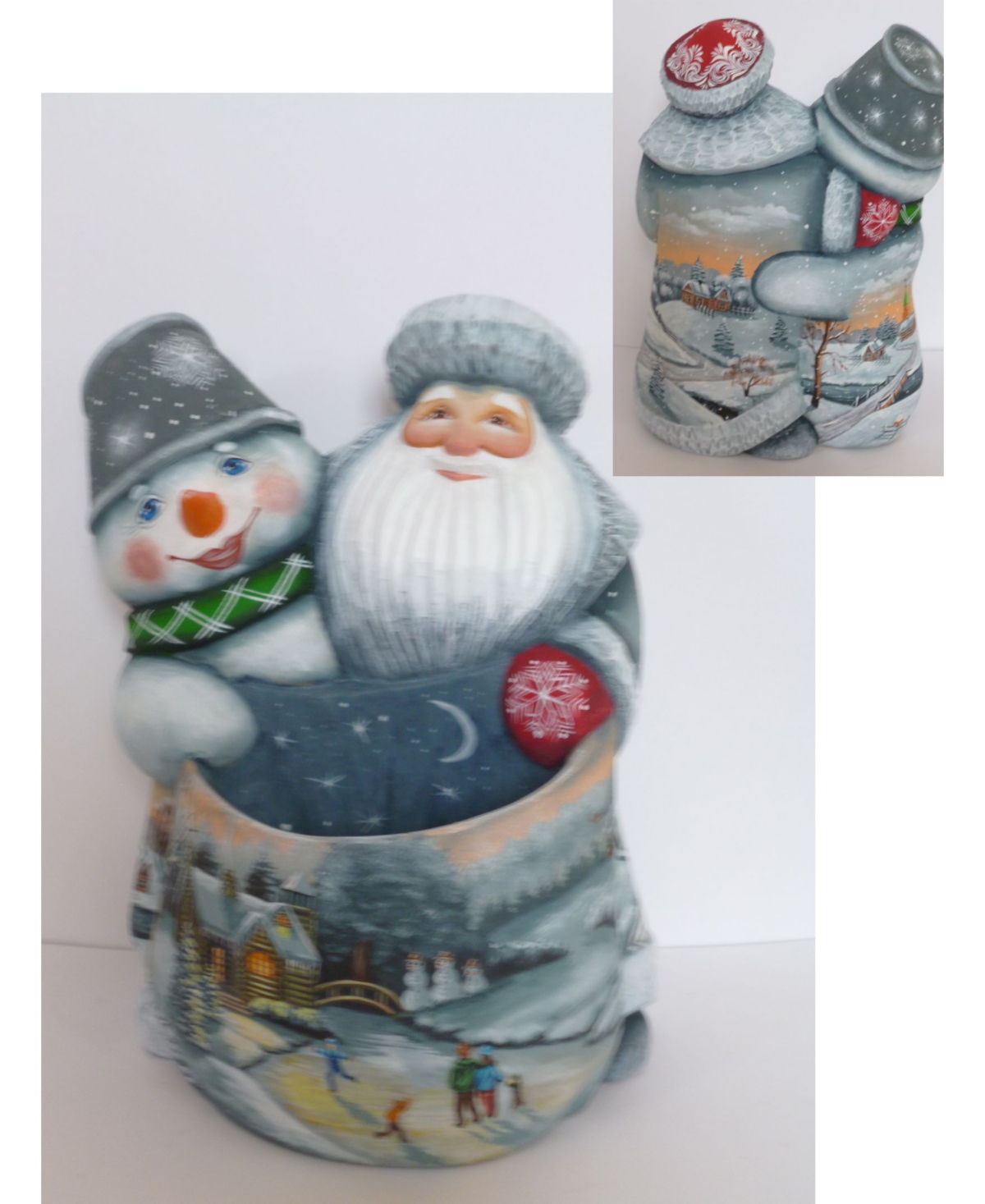 Woodcarved and Hand Painted Santa and Snowman Companions Bag Masterpiece Signature Figurine - Multi