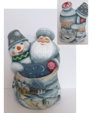 G.debrekht Woodcarved And Hand Painted Santa And Snowman Companions Bag Masterpiece Signature Figuri In Multi