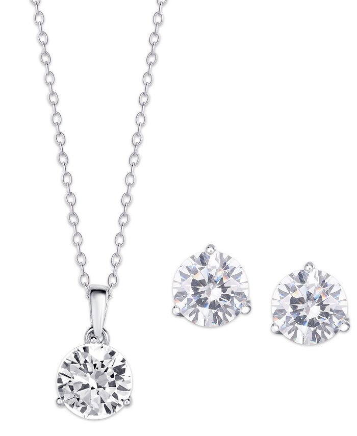 Macy's Cubic Zirconia Round Pendant Necklace and Earring set in Silver ...