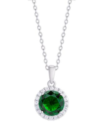 Birthstone Round Cubic Zirconia Halo Pendant Necklace in Silver Plate