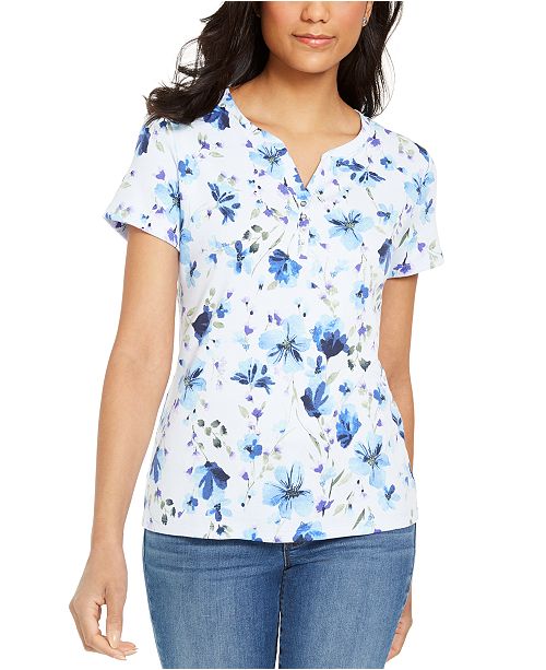 Karen Scott Womens Floral Print Henley Top Blue Size Petite Small