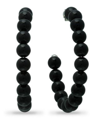 Genuine Stone Bead Hoops in Silver Plate, 1 3/4"
