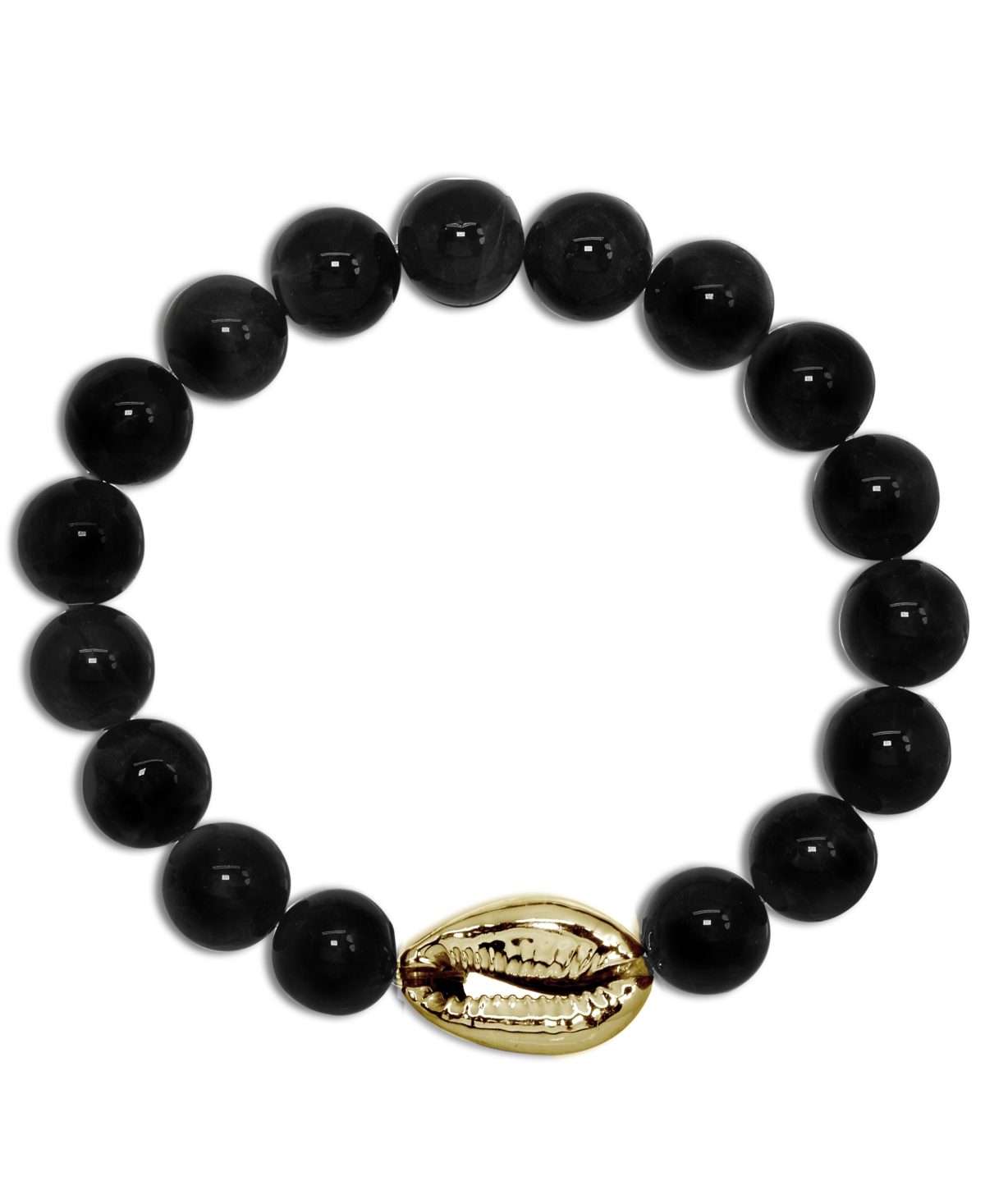 Macy's Genuine Stone Bead Puka Cowrie Shell Stretch Bracelet In Silver Plate Or Gold Plate In Onyx,gold