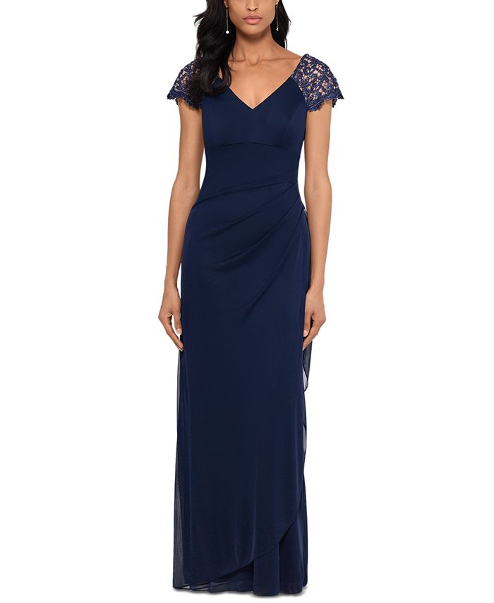 XSCAPE - Lace-Sleeve Chiffon Gown
