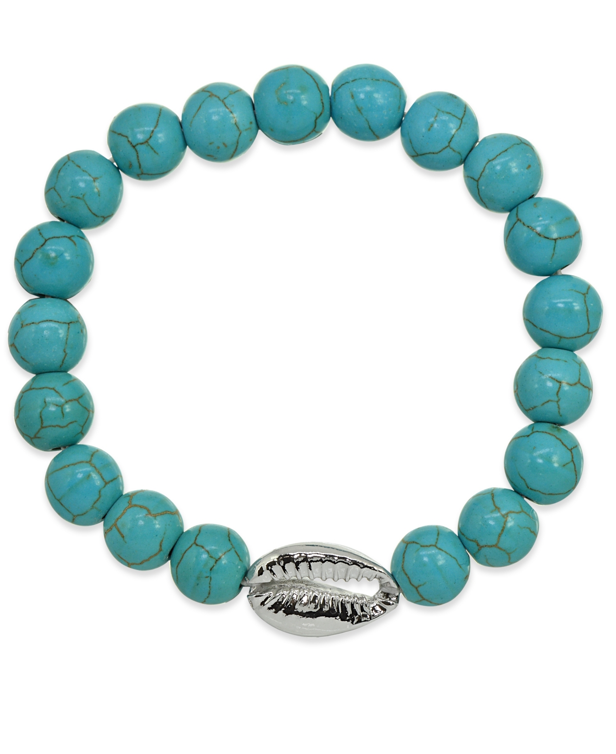 Shop Macy's Genuine Stone Bead Puka Cowrie Shell Stretch Bracelet In Silver Plate Or Gold Plate In Howlite Chrysocolla,silver