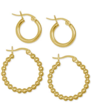 image of Essentials 2-Pc. Set Polished Small Hoop & Beaded Hoop Earrings in Gold-Plate