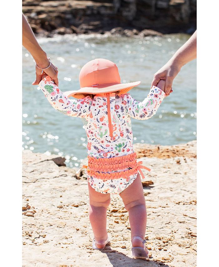 RuffleButts Toddler Girls Long Sleeve Rash Guard Swimsuit Swim Hat Set