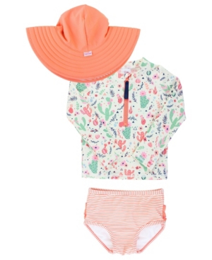 image of RuffleButts Little Girls Long Sleeve 2-Piece Rash Guard Bikini with Zipper Swim Hat Set