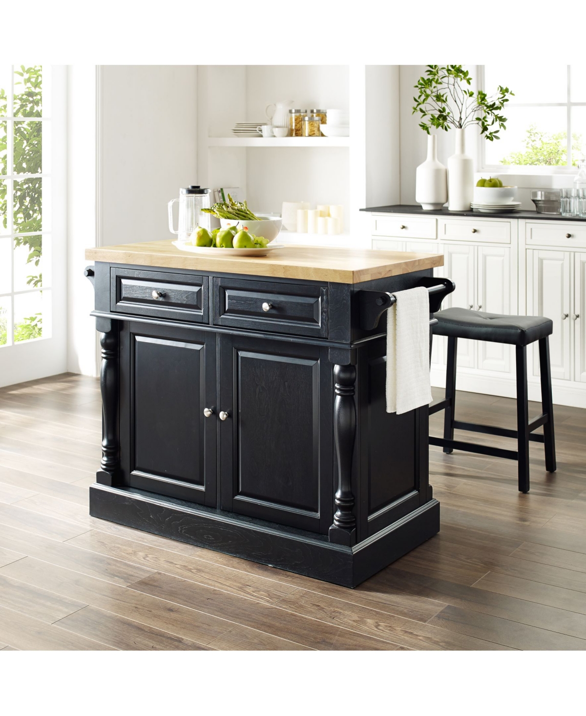 Crosley Oxford Butcher Block Top Kitchen Island With Upholstered Saddle Stools