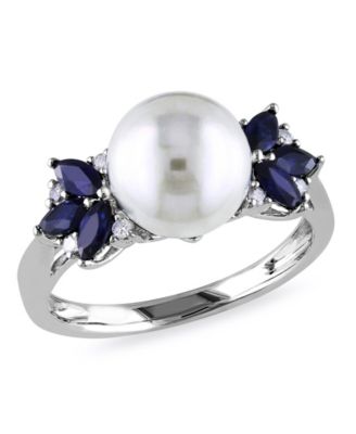 Macy's - Freshwater Cultured Pearl (9-9.5mm), Sapphire (5/8 ct. t.w.) and Diamond Accent Ring in 10k White Gold