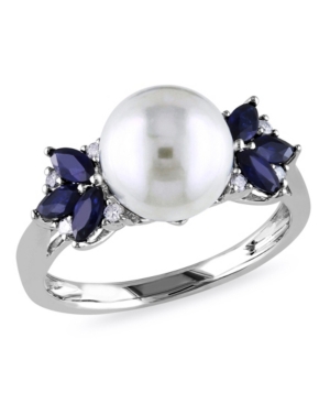 image of Freshwater Cultured Pearl (9-9.5mm), Sapphire (5/8 ct. t.w.) and Diamond Accent Ring in 10k White Gold