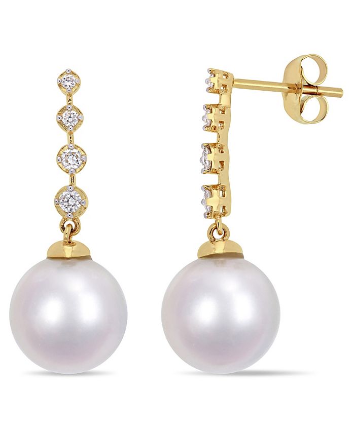 Macy's - South Sea Cultured Pearl (10-10.5mm) and Diamond (1/6 ct. t.w.) Dangle Earrings in 14k Yellow Gold