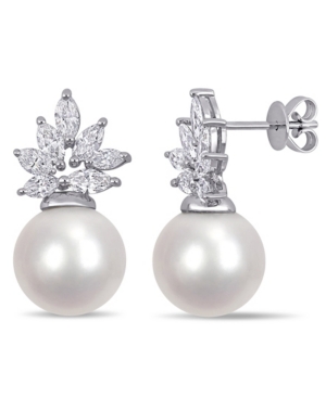 image of South Sea Cultured Pearl (11-12mm) and Diamond (1 1/2 ct. t.w.) Cluster Earrings in 14k White Gold