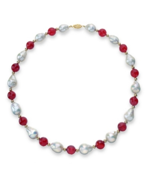 image of White Baroque Freshwater Cultured Pearl (12-13mm) with Red Agate (91 ct. t.w) and Gold Beads (4mm) 18