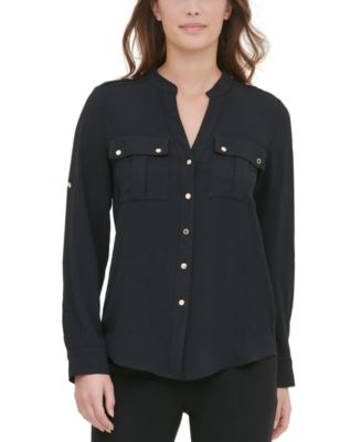 Calvin Klein Plus Size Textured Roll Tab Button Down Shirt In Black Size 3X  Plus
