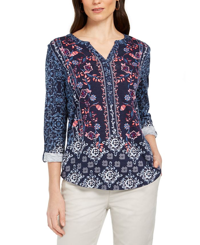Style & Co Petite Printed Roll-Tab Sleeve Top, Created for Macy's - Macy's