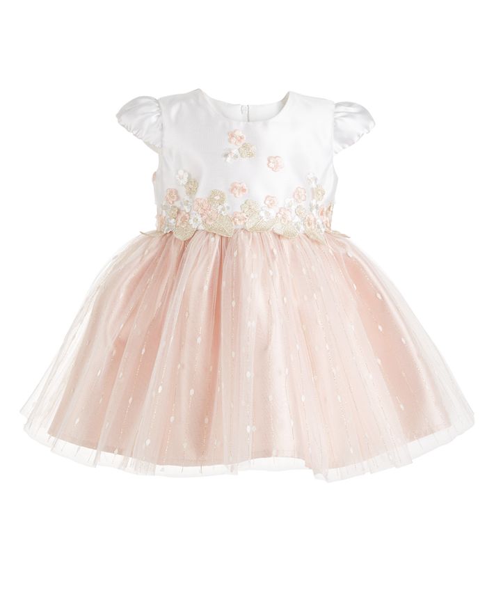 Bonnie Baby Baby Girls Ivory & Blush Embroidered Mesh Dress - Macy's