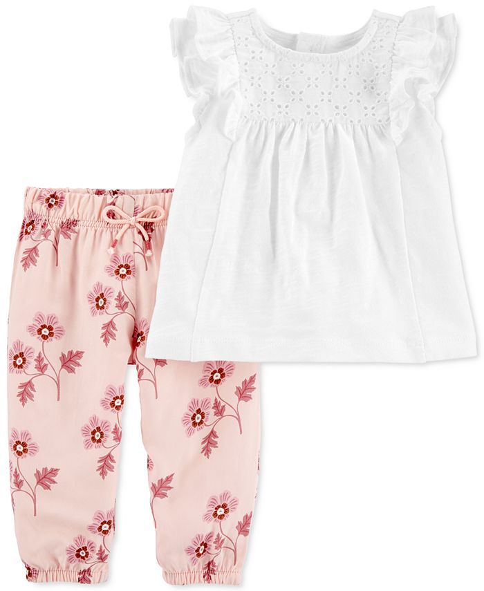 Carter's Baby Girls 2-Pc. Ruffle Eyelet Top & Floral-Print Pants Set ...