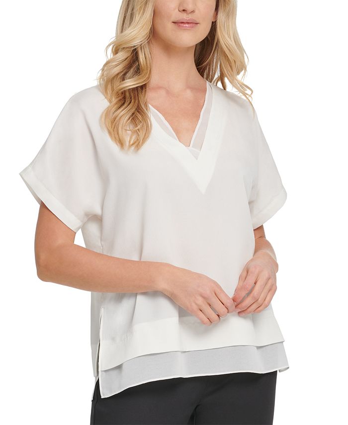 DKNY V Neck Chiffon Trim Top Macy s