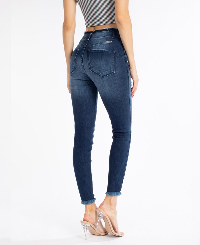 High Rise Button Down Cuffed Ankle Skinny Jeans