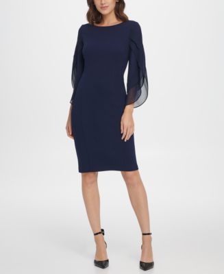DKNY Women's Chiffon Sleeve Combo Sheath Dress Blue Size 18W
