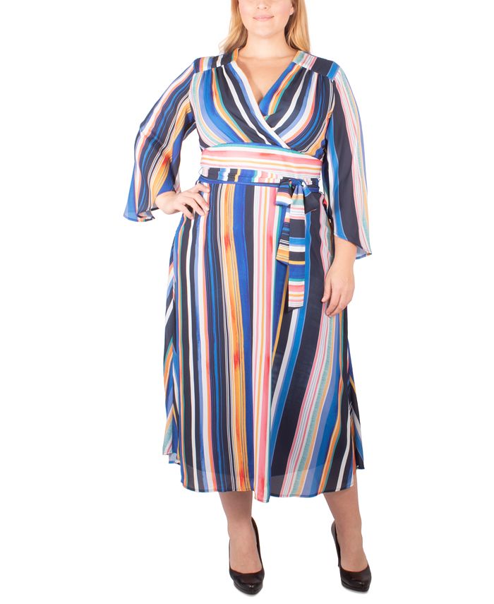 NY Collection Plus Size Striped Belted Wrap Dress - Macy's