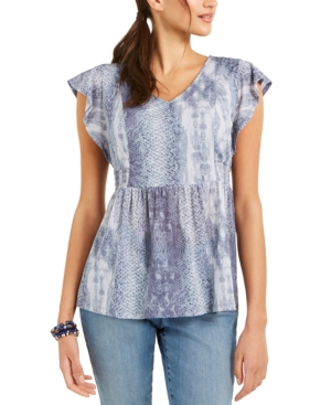 image of Style & Co Printed Flutter-Sleeve V-Neck Top, Created for Macy-s