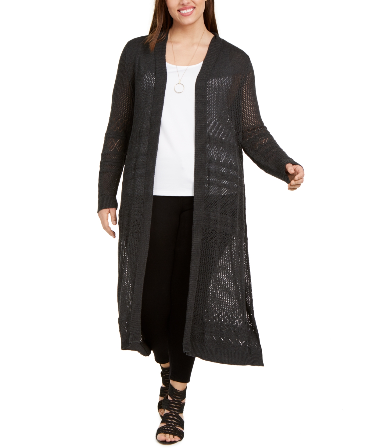 Belldini Plus Size Pointelle-stitch Duster Cardigan In Heather