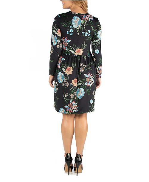 24seven Comfort Apparel Floral Knee Length Pleated Long Sleeve