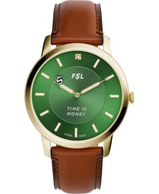 Fossil - Men's Minimalist Diamond Accent Luggage Leather Strap Watch 44mm