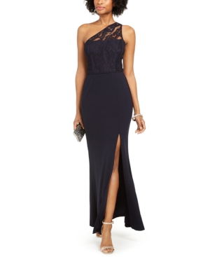 Adrianna Papell One-shoulder Lace Gown In Midnight Navy Blue