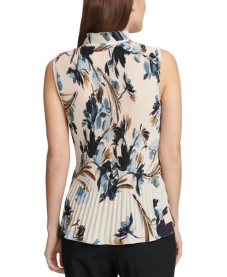 DKNY Pleated Floral-Print Sleeveless Blouse