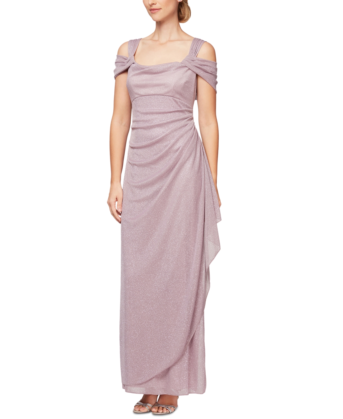 Cold-Shoulder Draped Metallic Gown - Mauve Pink