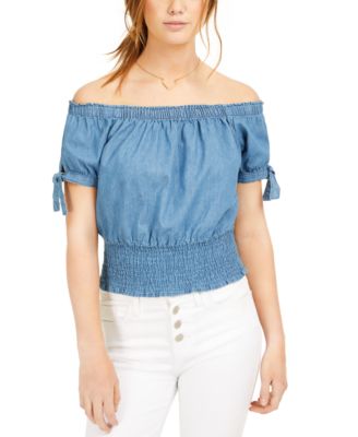 Planet Gold - Juniors' Off-The-Shoulder Smocked Cotton Top
