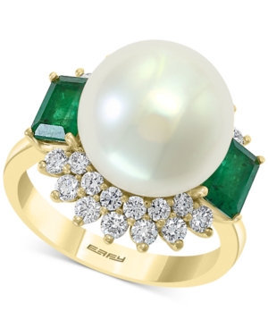 image of Effy Cultured Freshwater Pearl (12mm), Emerald (1 ct. t.w.) & Diamond (3/4 ct. t.w.) Statement Ring in 14k Gold