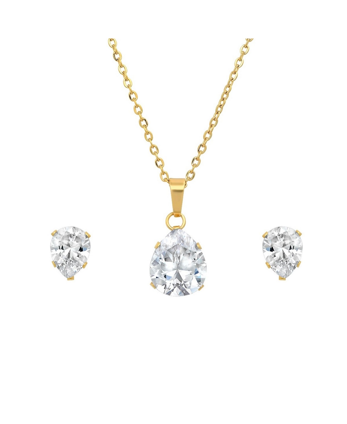 18K Micron Gold Plated Stainless Steel Pear Shaped Pendant Necklace Set, 2 Piece - Gold-Plated