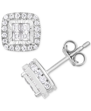 image of TruMiracle Diamond Princess Halo Cluster Stud Earrings (1 ct. t.w.) in 14k White Gold