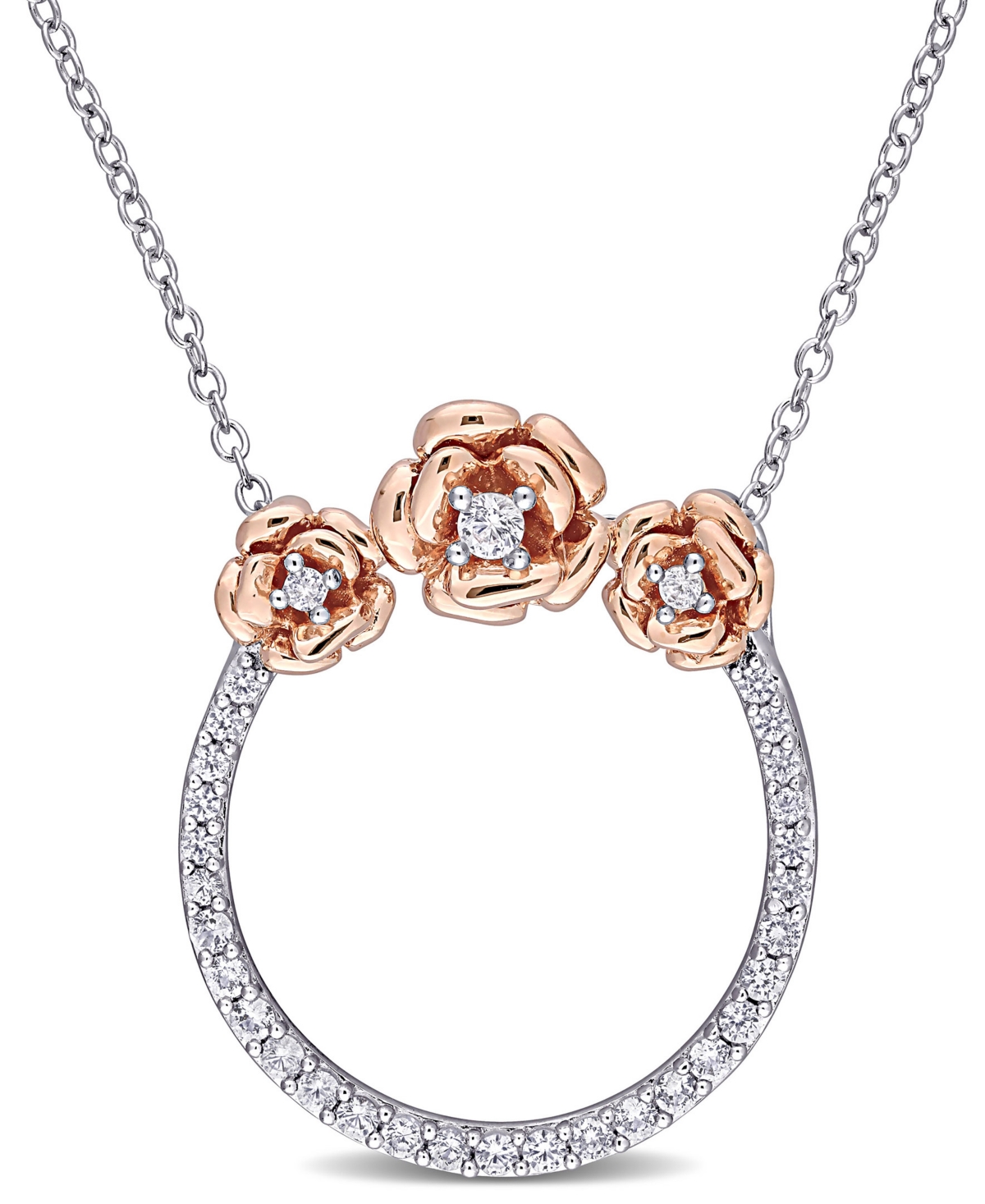 Macy's Lab Grown White Sapphire (3/5 Ct. T.w.) Rose Floral Open Circle Necklace In Two-tone Sterling Silver