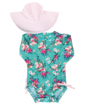 image of RuffleButts Baby Girls Ruffled 1-Piece Rash Guard Swim Hat Set