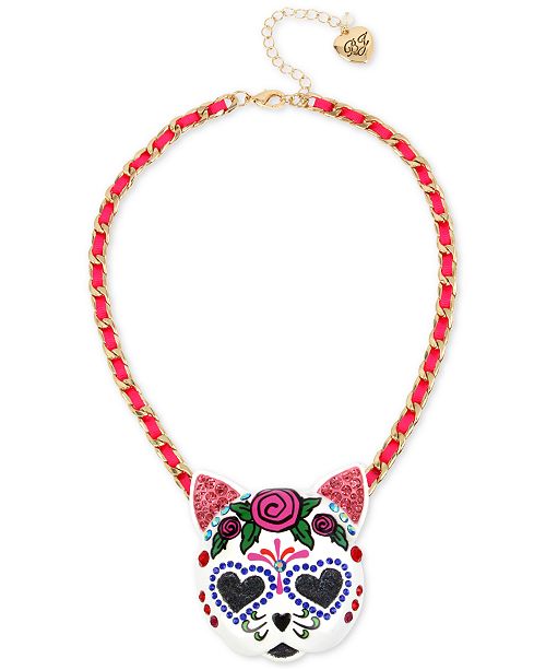 Betsey Johnson Gold Tone Large Sugar Skull Cat Fabric Woven