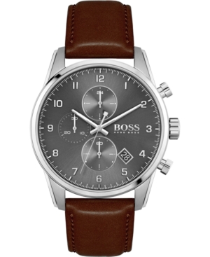 HUGO BOSS MEN'S CHRONOGRAPH SKYMASTER BROWN LEATHER STRAP WATCH 44MM WOMEN'S SHOES