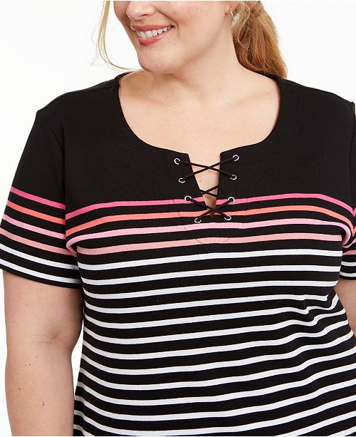 Karen Scott Plus Size Cotton Striped Lace Up Dress Created For