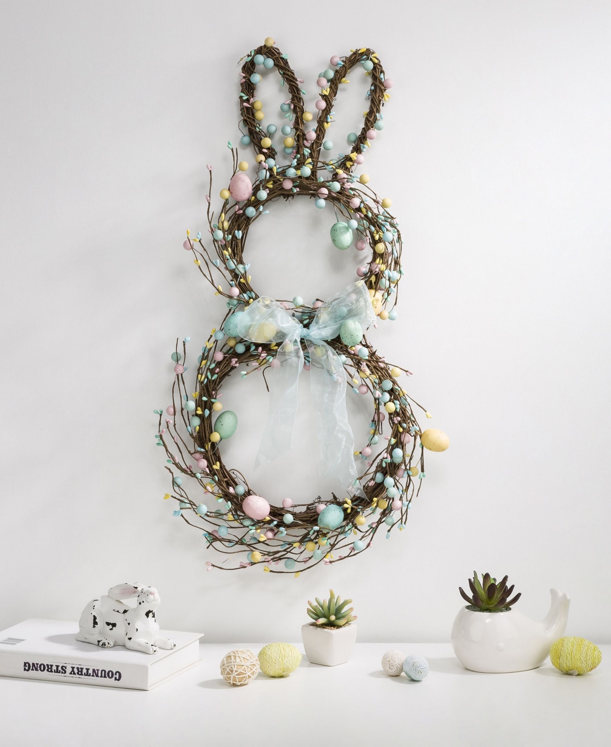 Glitzhome Easter Bunny Shaped Wreath with Eggs Satin Ribbon Bow